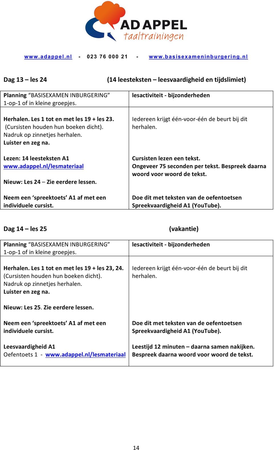 Doe dit met teksten van de oefentoetsen Spreekvaardigheid A1 (YouTube). Dag 14 les 25 Herhalen. Les 1 tot en met les 19 + les 23, 24. Nadruk op zinnetjes (vakantie) : Les 25. Zie eerdere lessen.