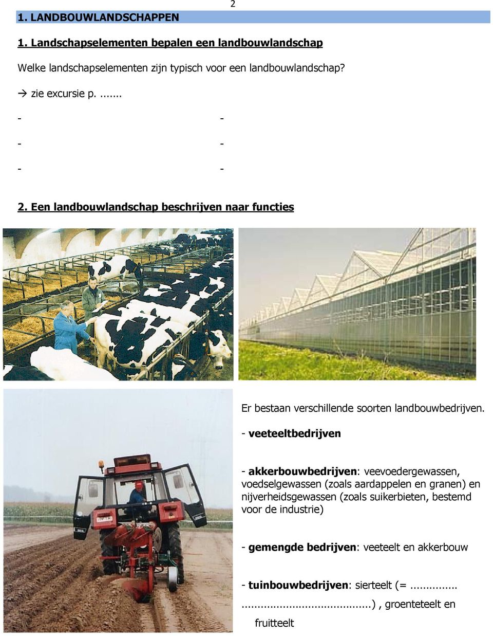 ... - - - - - - 2. Een landbouwlandschap beschrijven naar functies Er bestaan verschillende soorten landbouwbedrijven.