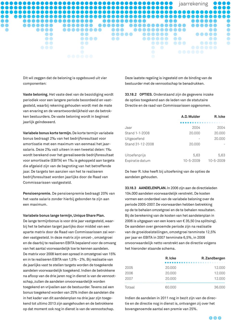 betrokken bestuurders. De vaste beloning wordt in beginsel jaarlijk geïndexeerd. Variabele bonus korte termijn.