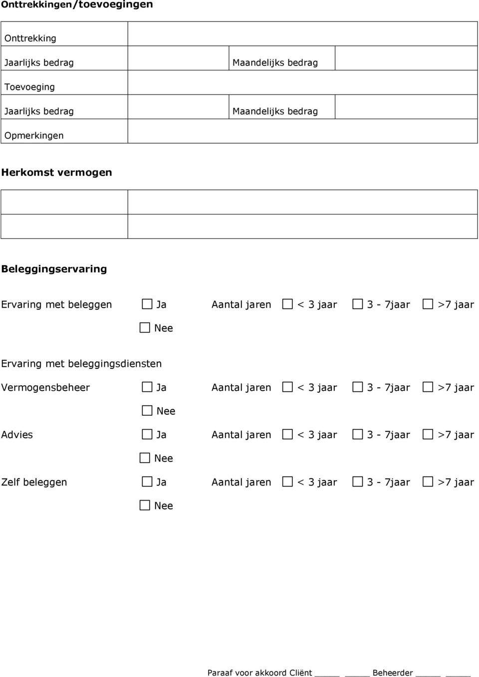 < 3 jaar 3-7jaar >7 jaar Ervaring met beleggingsdiensten Vermogensbeheer Ja Aantal jaren < 3 jaar 3-7jaar