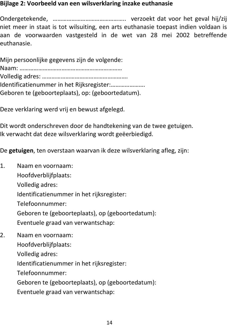 euthanasie. Mijn persoonlijke gegevens zijn de volgende: Naam: Volledig adres:. Identificatienummer in het Rijksregister:. Geboren te (geboorteplaats), op: (geboortedatum).