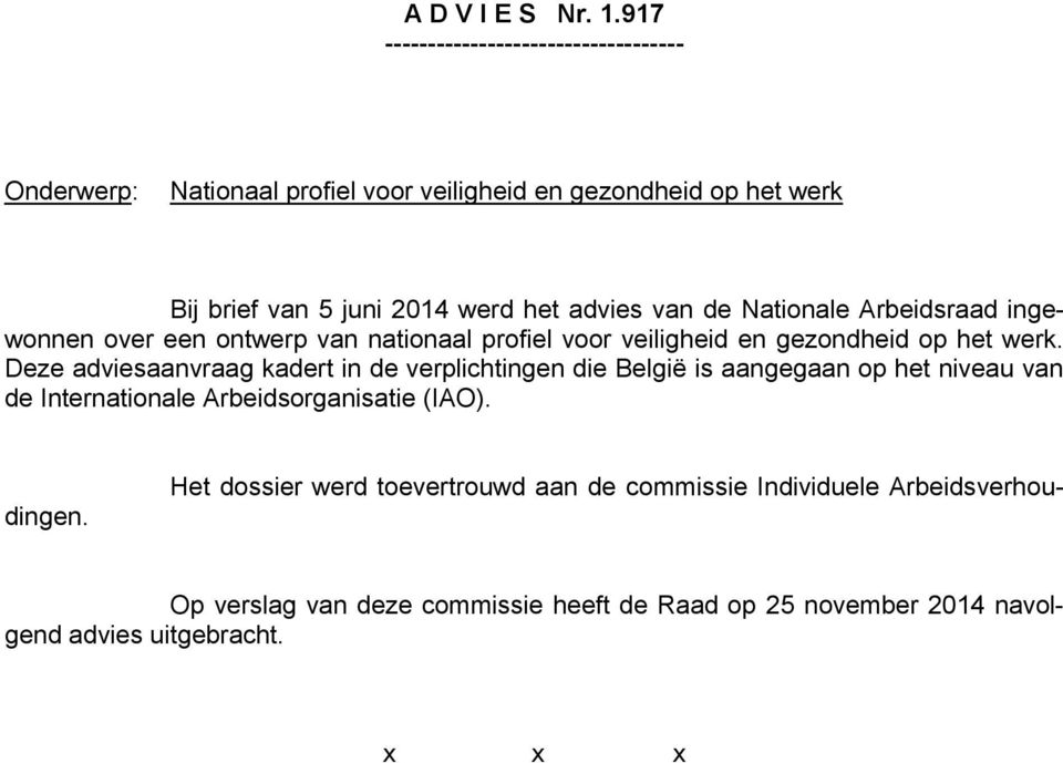 advies van de Nationale Arbeidsraad ingewonnen over een ontwerp van nationaal profiel voor veiligheid en gezondheid op het werk.