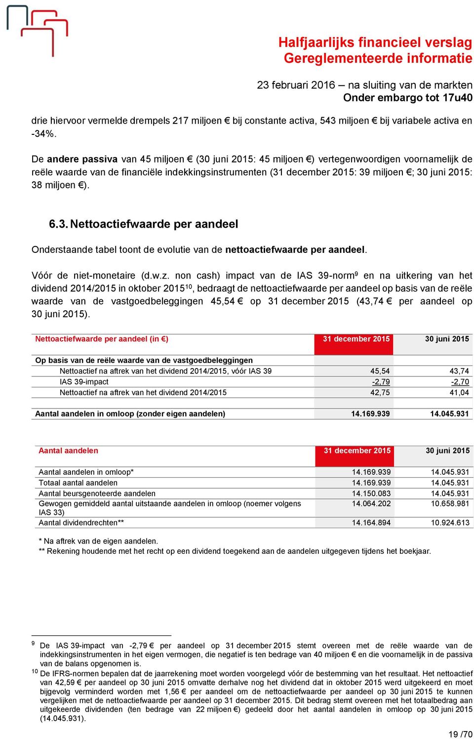 miljoen ). 6.3. Nettoactiefwaarde per aandeel Onderstaande tabel toont de evolutie van de nettoactiefwaarde per aandeel. Vóór de niet-monetaire (d.w.z.