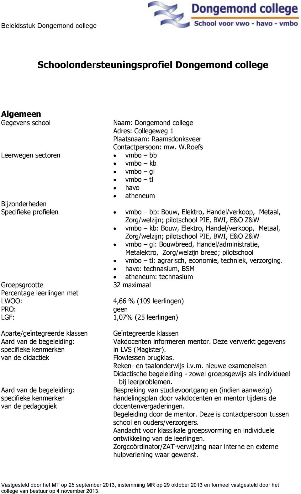 Groepsgrootte Percentage leerlingen met LWOO: PRO: LGF: vmbo kb: Bouw, Elektro, Handel/verkoop, Metaal, Zorg/welzijn; pilotschool PIE, BWI, E&O Z&W vmbo gl: Bouwbreed, Handel/administratie,