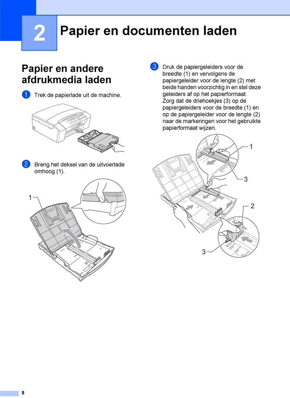 en stel deze geleiders af op het papierformaat.