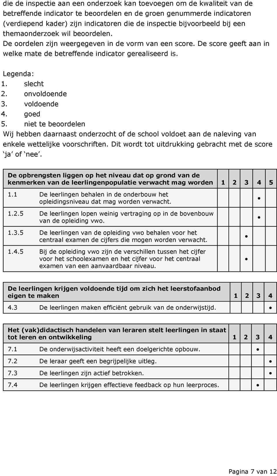 slecht 2. onvoldoende 3. voldoende 4. goed 5. niet te beoordelen Wij hebben daarnaast onderzocht of de school voldoet aan de naleving van enkele wettelijke voorschriften.