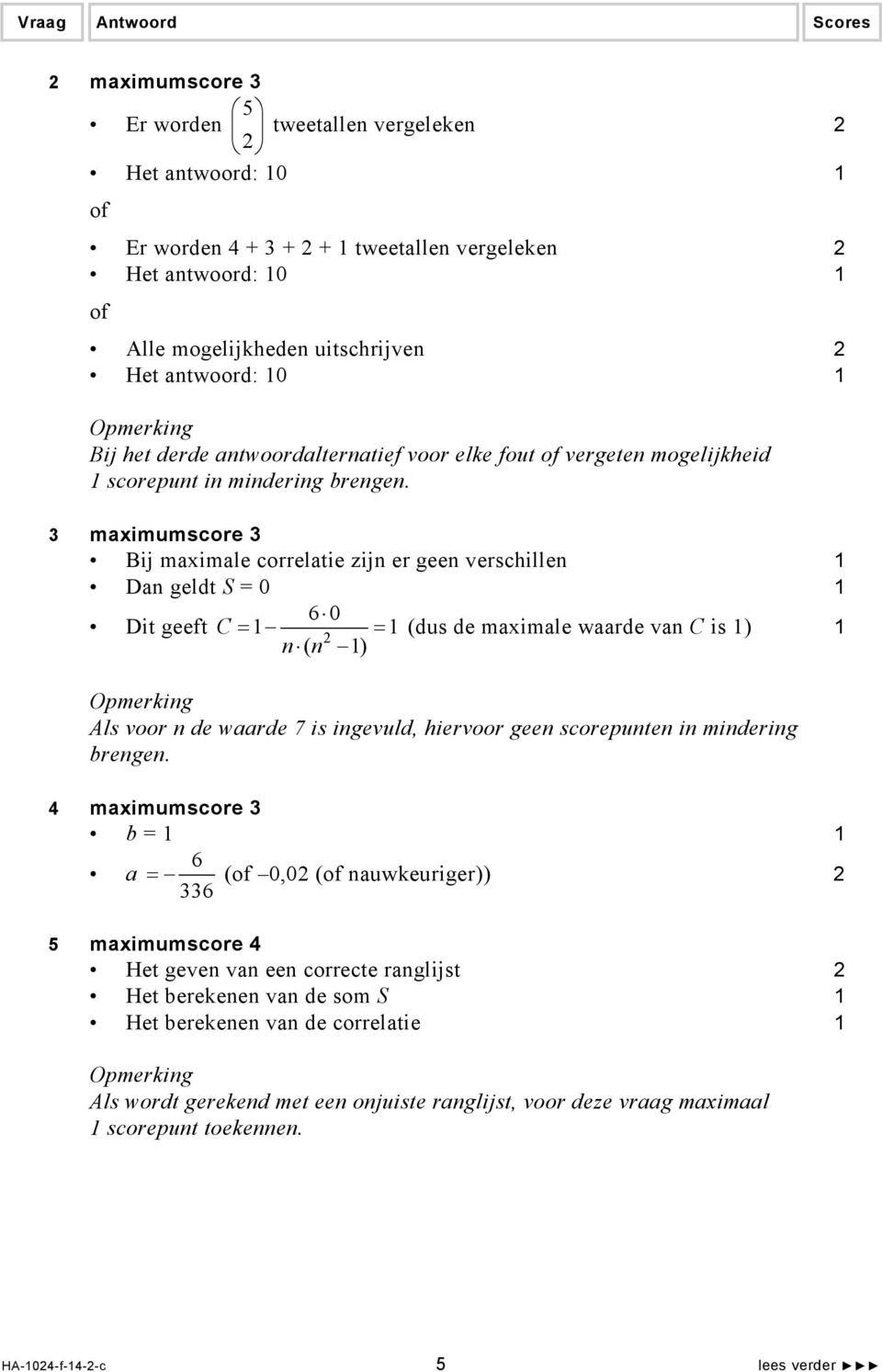 3 maximumscore 3 Bij maximale correlatie zijn er geen verschillen Dan geldt S = 0 60 Dit geeft C = = (dus de maximale waarde van C is ) 2 n ( n ) Als voor n de waarde 7 is ingevuld, hiervoor geen