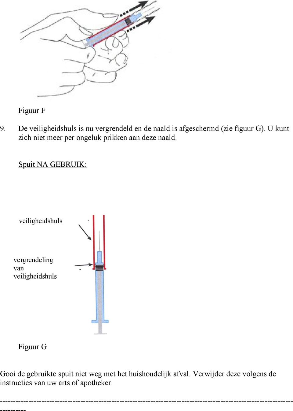 Spuit NA GEBRUIK: veiligheidshuls vergrendeling van veiligheidshuls Figuur G Gooi de gebruikte spuit niet weg met het