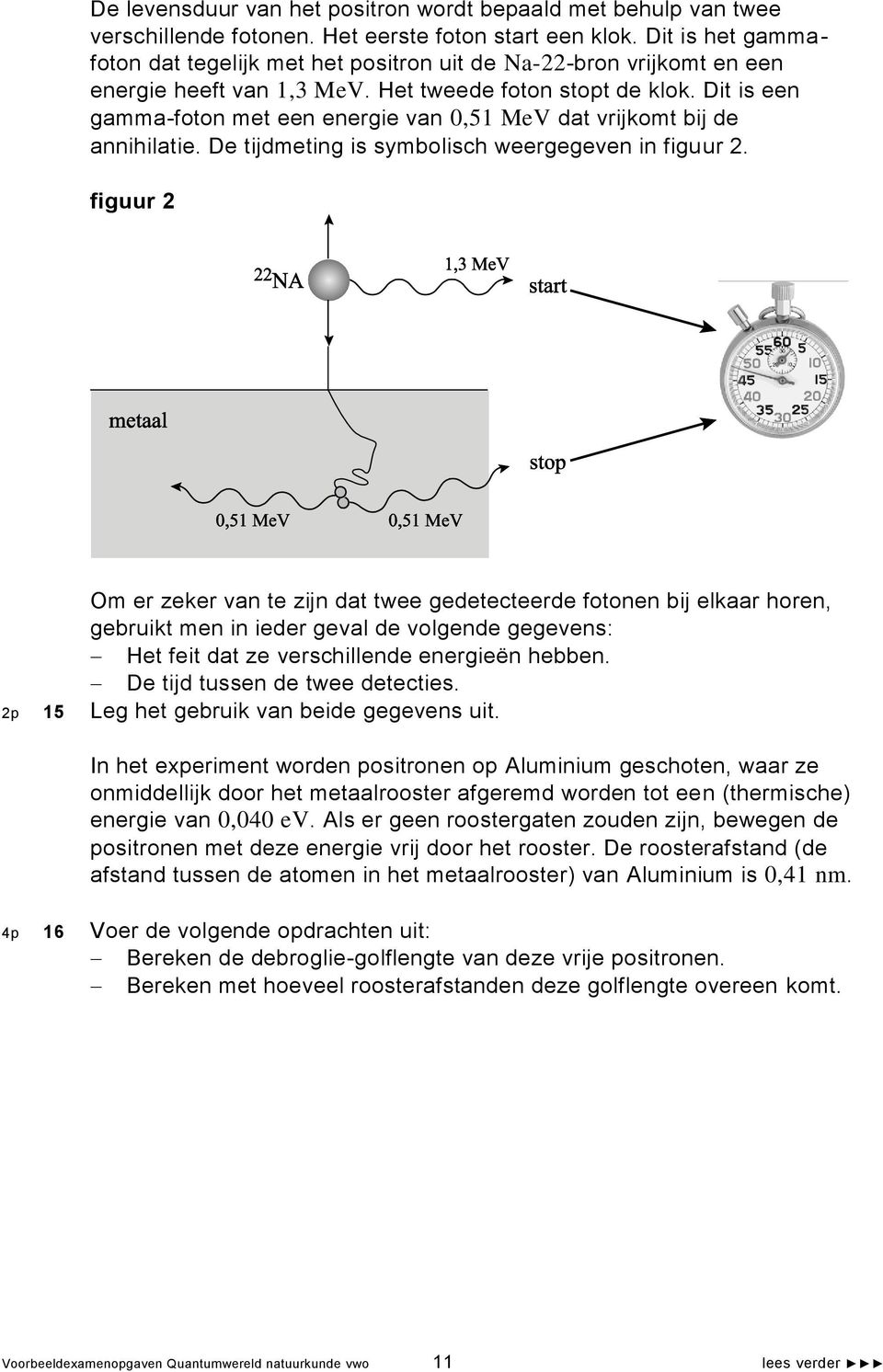 Dit is een gamma-foton met een energie van 0,51 MeV dat vrijkomt bij de annihilatie. De tijdmeting is symbolisch weergegeven in figuur 2.