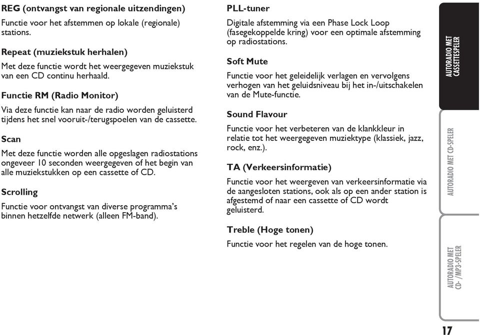 Functie RM (Radio Monitor) Via deze functie kan naar de radio worden geluisterd tijdens het snel vooruit-/terugspoelen van de cassette.