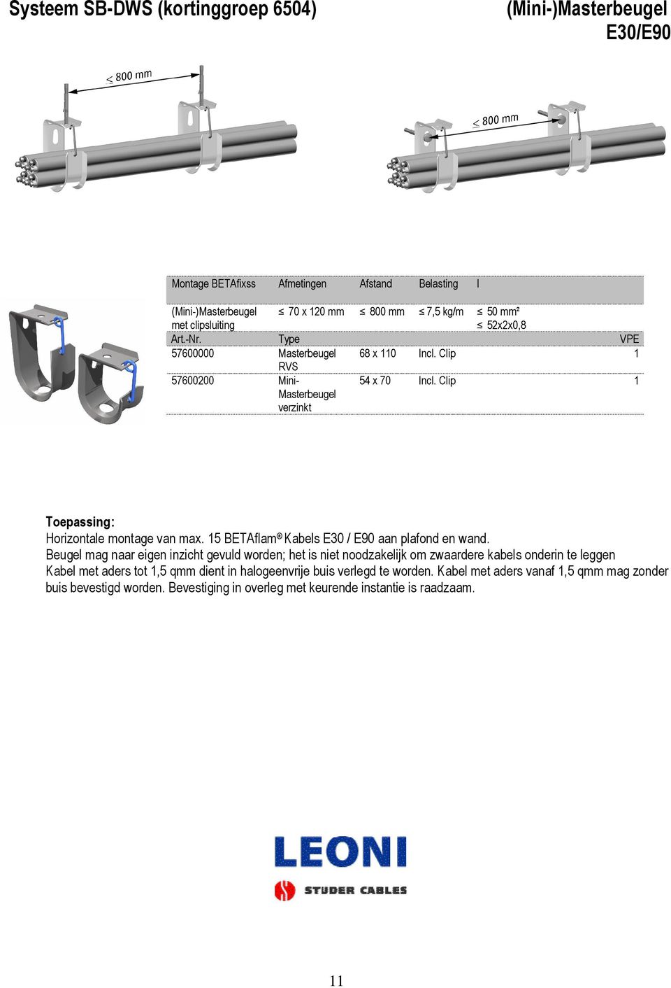 Clip 1 Toepassing: Horizontale montage van max. 15 BETAflam Kabels E30 / E90 aan plafond en wand.