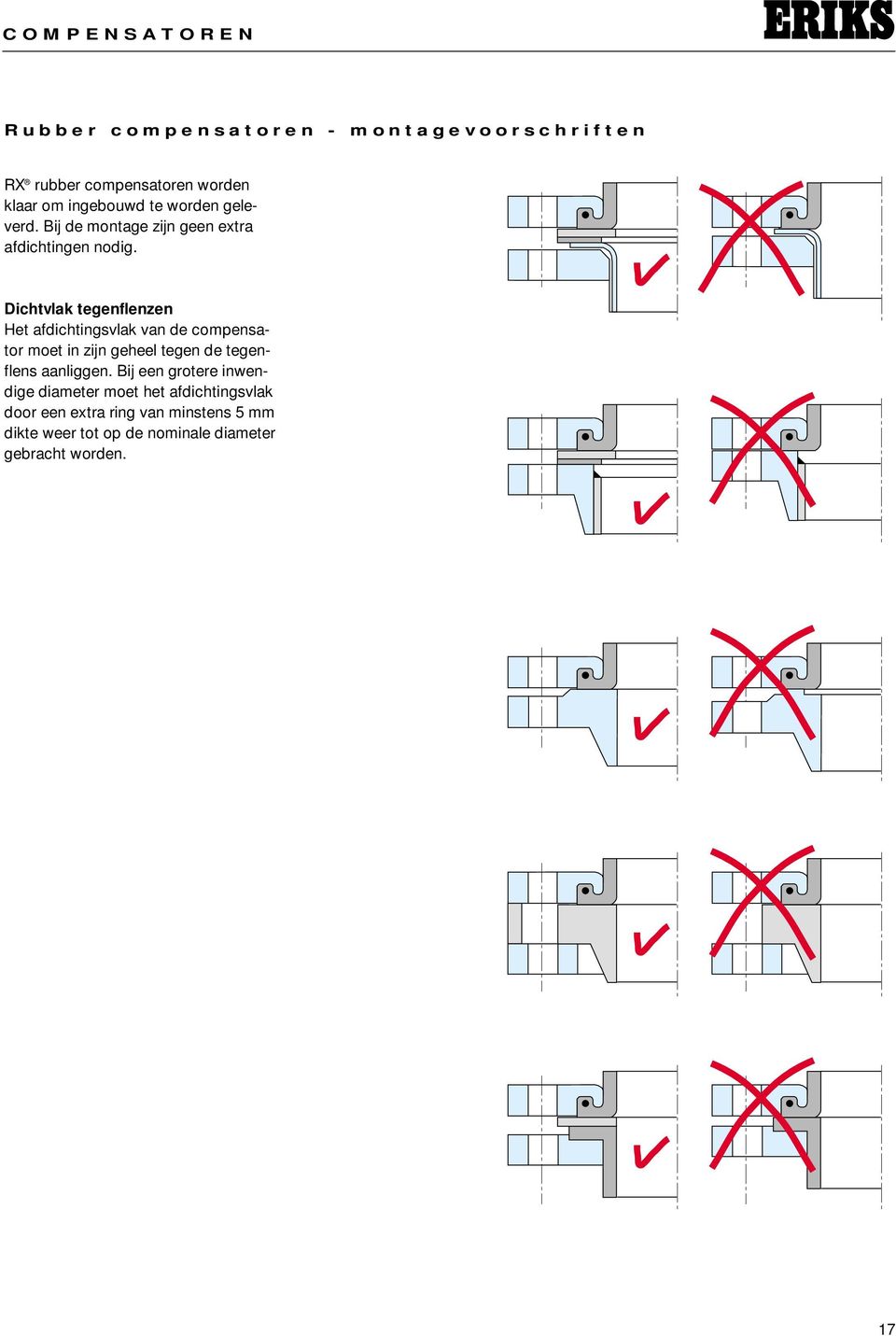 Dichtvlak tegenflenzen Het afdichtingsvlak van de compensator moet in zijn geheel tegen de tegenflens aanliggen.