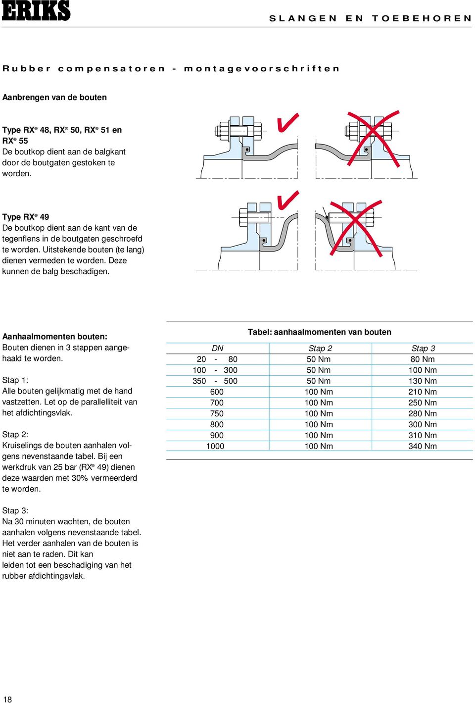 Aanhaalmomenten bouten: Bouten dienen in 3 stappen aangehaald te worden. Stap 1: Alle bouten gelijkmatig met de hand vastzetten. Let op de parallelliteit van het afdichtingsvlak.