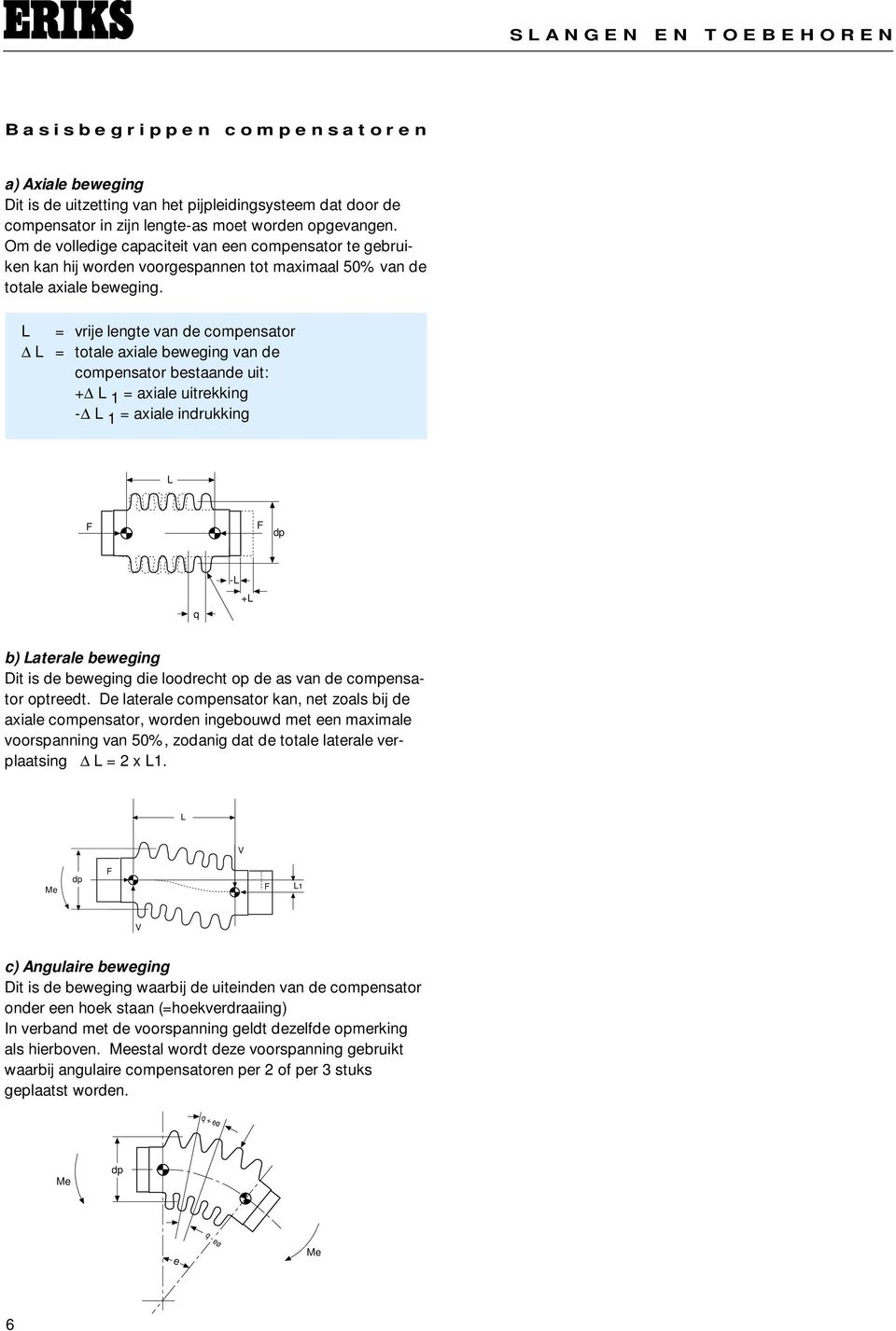 L L = vrije lengte van de compensator = totale axiale beweging van de compensator bestaande uit: + L 1 = axiale uitrekking - L 1 = axiale indrukking L F F dp q -L +L b) Laterale beweging Dit is de