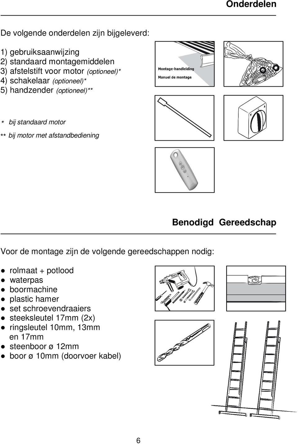 afstandbediening Benodigd_Gereedschap Voor de montage zijn de volgende gereedschappen nodig: rolmaat + potlood waterpas