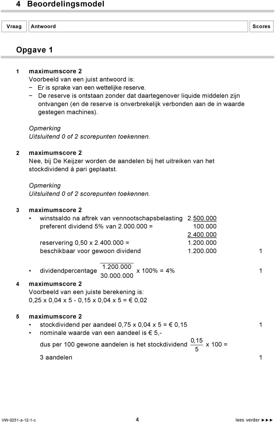 Opmerking Uitsluitend 0 of 2 scorepunten toekennen. 2 maximumscore 2 Nee, bij De Keijzer worden de aandelen bij het uitreiken van het stockdividend à pari geplaatst.