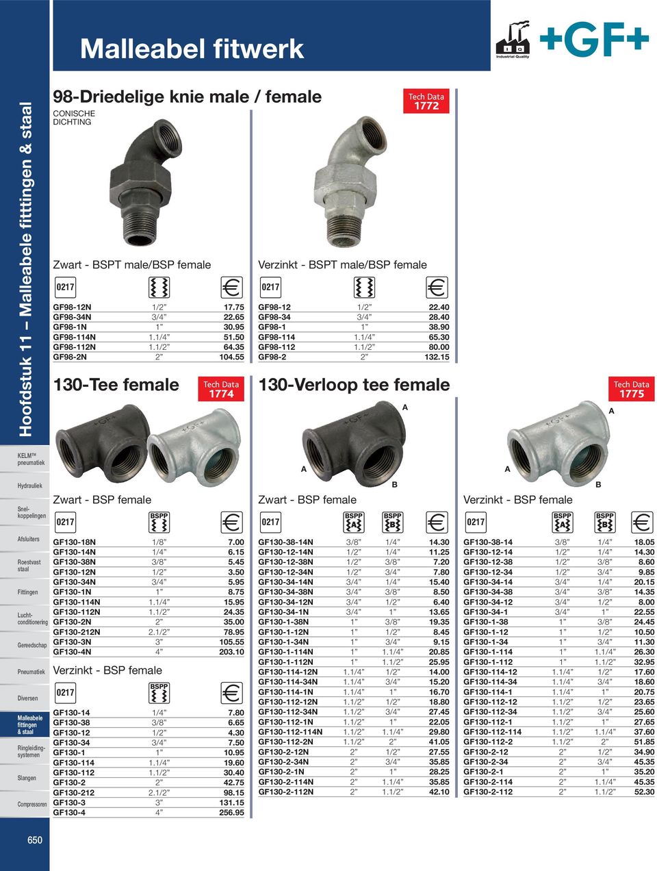 15 130-Verloop tee female 1772 1775 GF130-18N 1/8 7.00 GF130-14N 1/4 6.15 GF130-38N 3/8 5.45 GF130-12N 1/2 3.50 GF130-34N 3/4 5.95 GF130-1N 1 8.75 GF130-114N 1.1/4 15.95 GF130-112N 1.1/2 24.