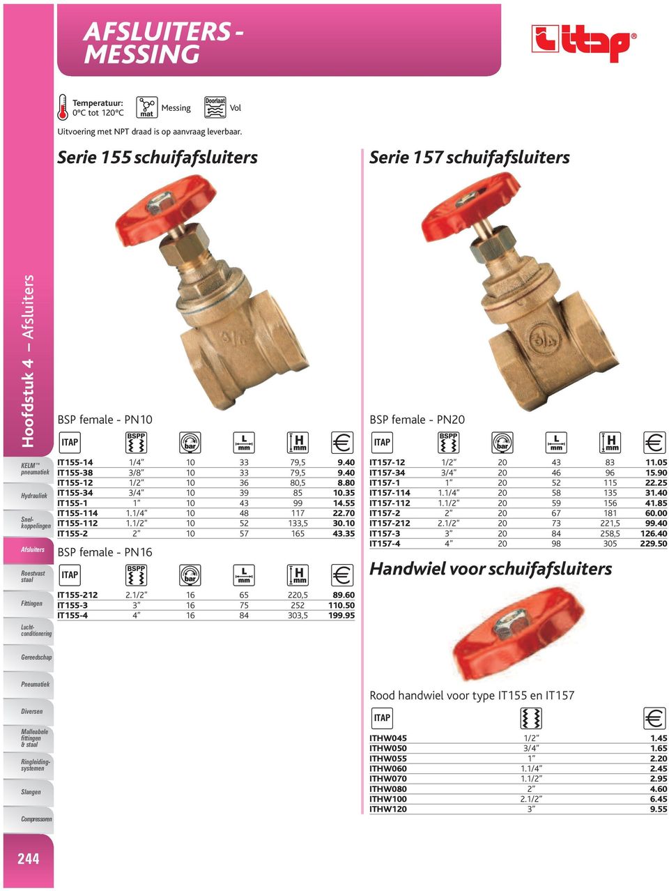 80 IT155-34 3/4 10 39 85 10.35 IT155-1 1 10 43 99 14.55 IT155-114 1.1/4 10 48 117 22.70 IT155-112 1.1/2 10 52 133,5 30.10 IT155-2 2 10 57 165 43.35 BSP female - PN16 IT155-212 2.1/2 16 65 220,5 89.