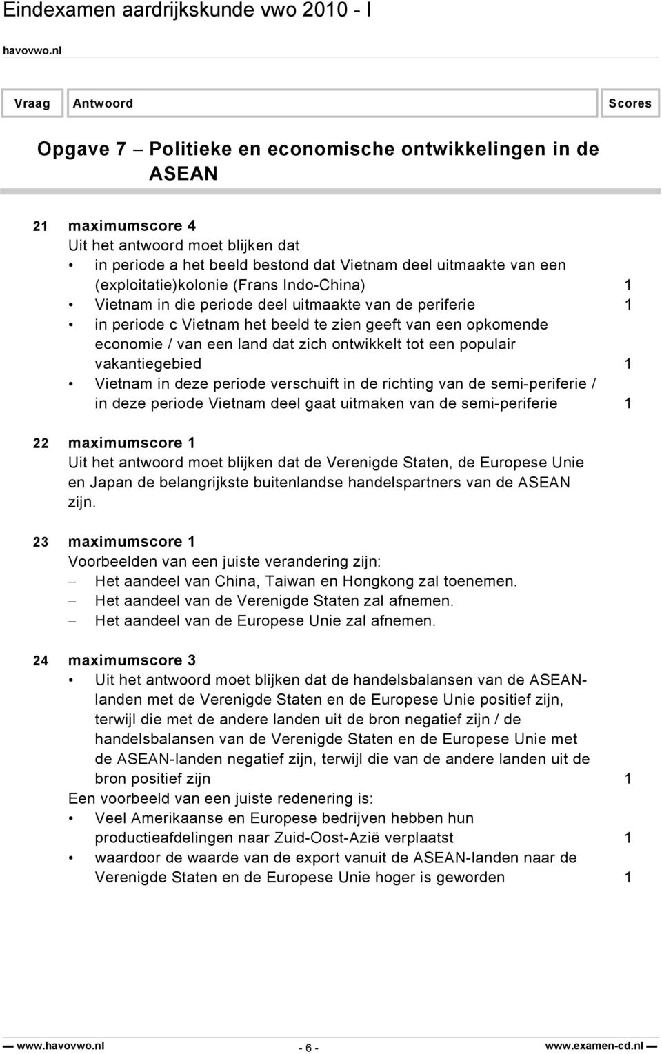 populair vakantiegebied 1 Vietnam in deze periode verschuift in de richting van de semi-periferie / in deze periode Vietnam deel gaat uitmaken van de semi-periferie 1 22 maximumscore 1 Uit het