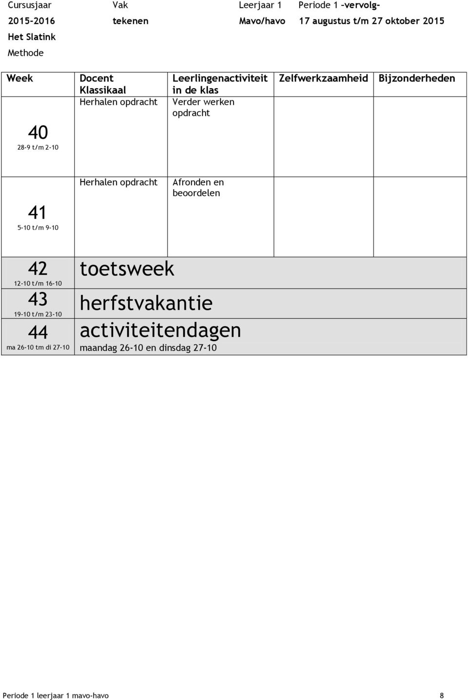 16-10 toetsweek 43 19-10 t/m 23-10 herfstvakantie 44 ma 26-10 tm di 27-10