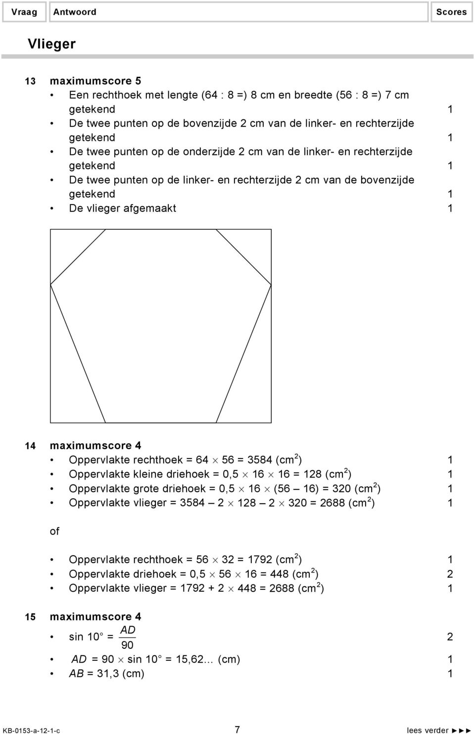 rechthoek = 64 56 = 3584 (cm 2 ) 1 Oppervlakte kleine driehoek = 0,5 16 16 = 128 (cm 2 ) 1 Oppervlakte grote driehoek = 0,5 16 (56 16) = 320 (cm 2 ) 1 Oppervlakte vlieger = 3584 2 128 2 320 = 2688