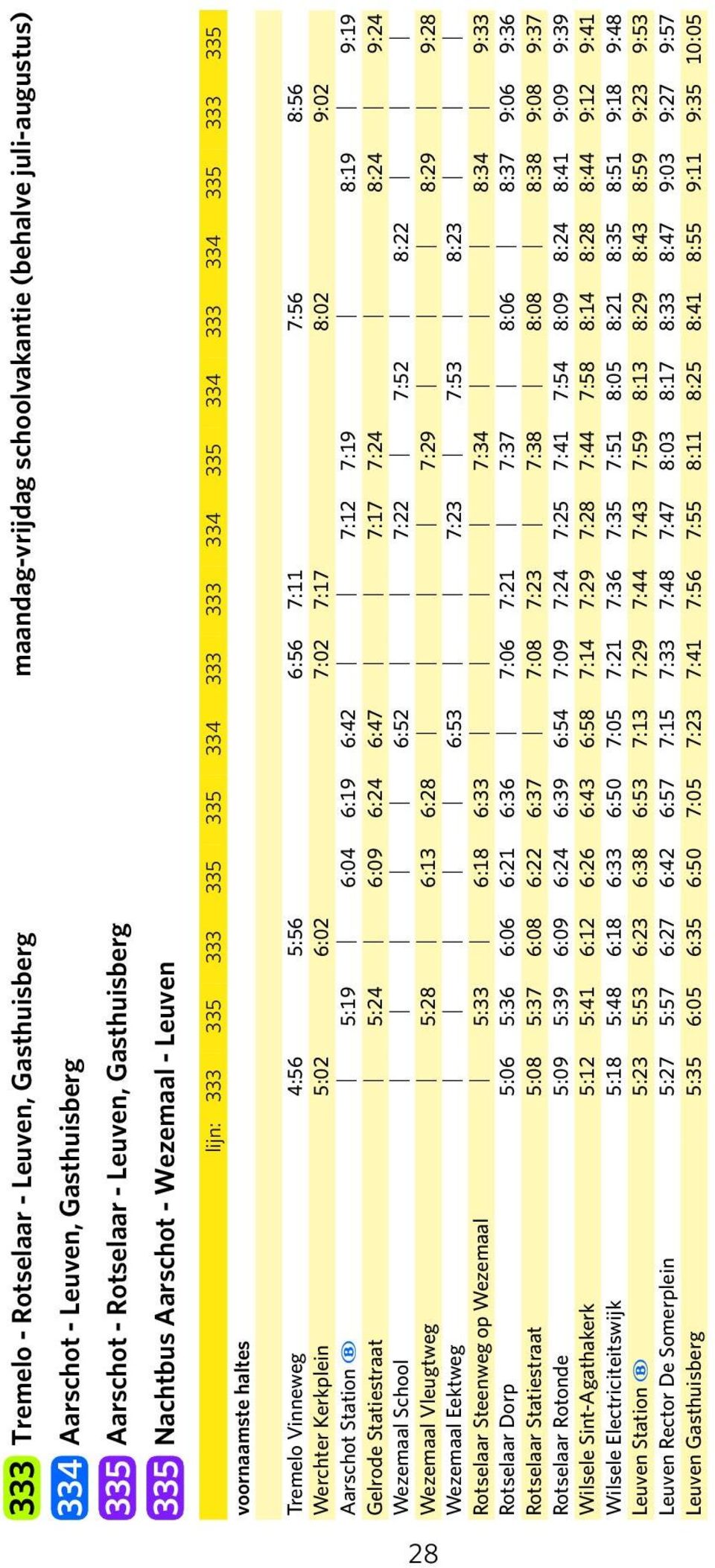 Gelrode Statiestraat 5:24 6:09 6:24 6:47 7:17 7:24 8:24 9:24 Wezemaal School 6:52 7:22 7:52 8:22 Wezemaal Vleugtweg 5:28 6:13 6:28 7:29 8:29 9:28 Wezemaal Eektweg 6:53 7:23 7:53 8:23 Rotselaar