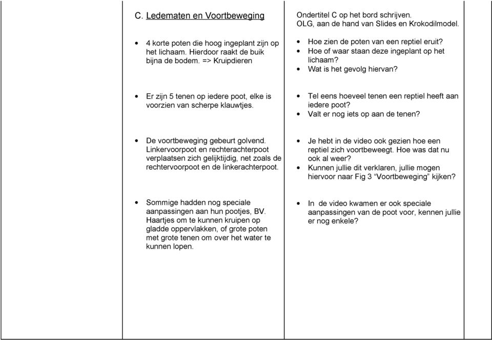 Er zijn 5 tenen op iedere poot, elke is voorzien van scherpe klauwtjes. Tel eens hoeveel tenen een reptiel heeft aan iedere poot? Valt er nog iets op aan de tenen? De voortbeweging gebeurt golvend.