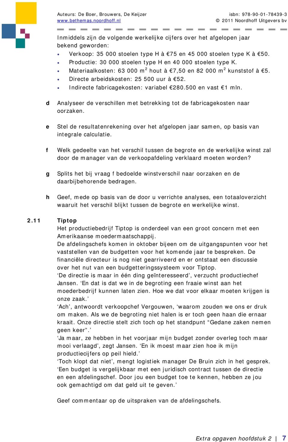 Indirecte fabricagekosten: variabel 280.500 en vast 1 mln. d Analyseer de verschillen met betrekking tot de fabricagekosten naar oorzaken.