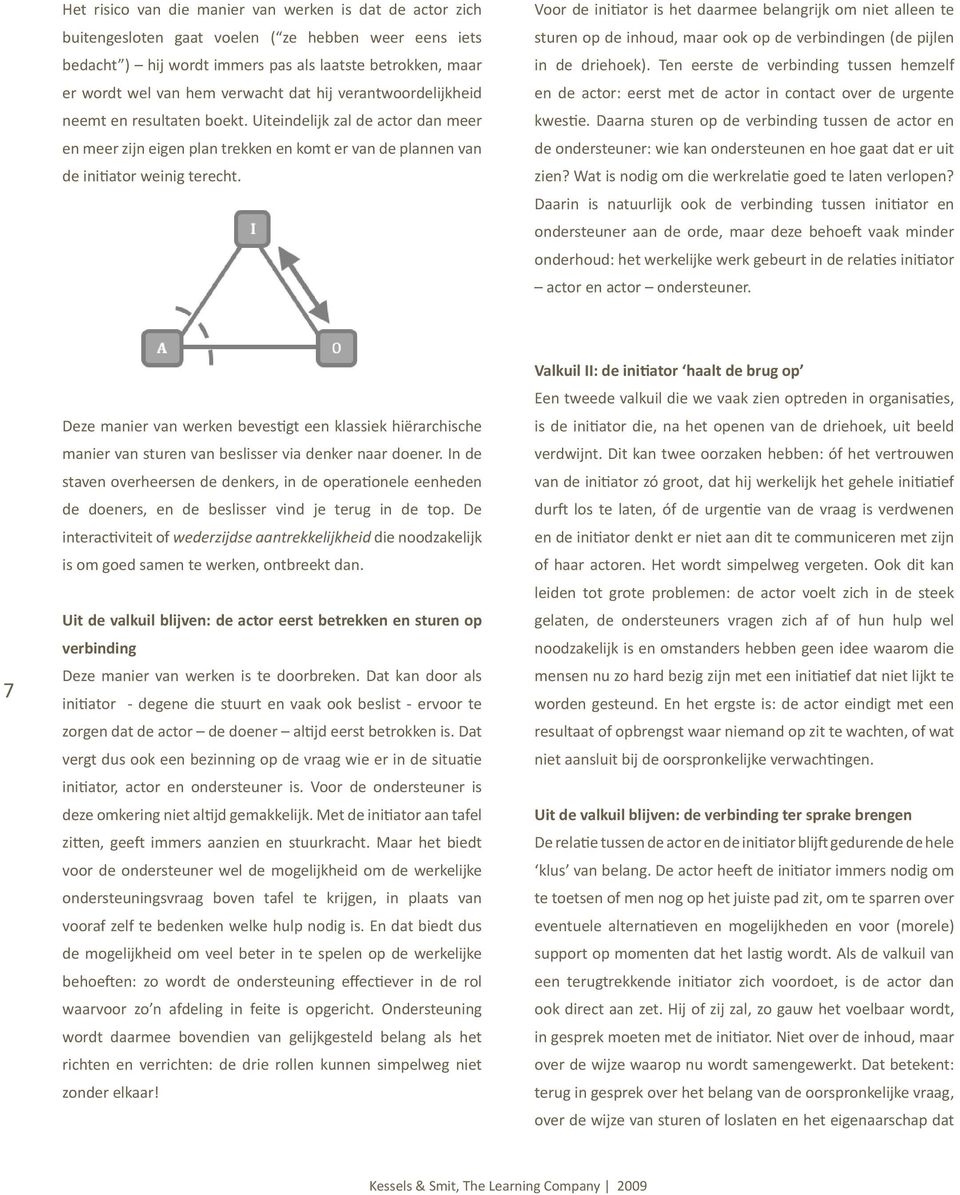 Voor de initiator is het daarmee belangrijk om niet alleen te sturen op de inhoud, maar ook op de verbindingen (de pijlen in de driehoek).