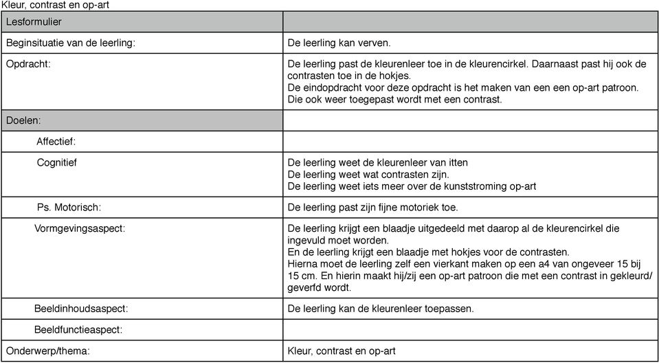 Motorisch: Vormgevingsaspect: Beeldinhoudsaspect: De leerling weet de kleurenleer van itten De leerling weet wat contrasten zijn.