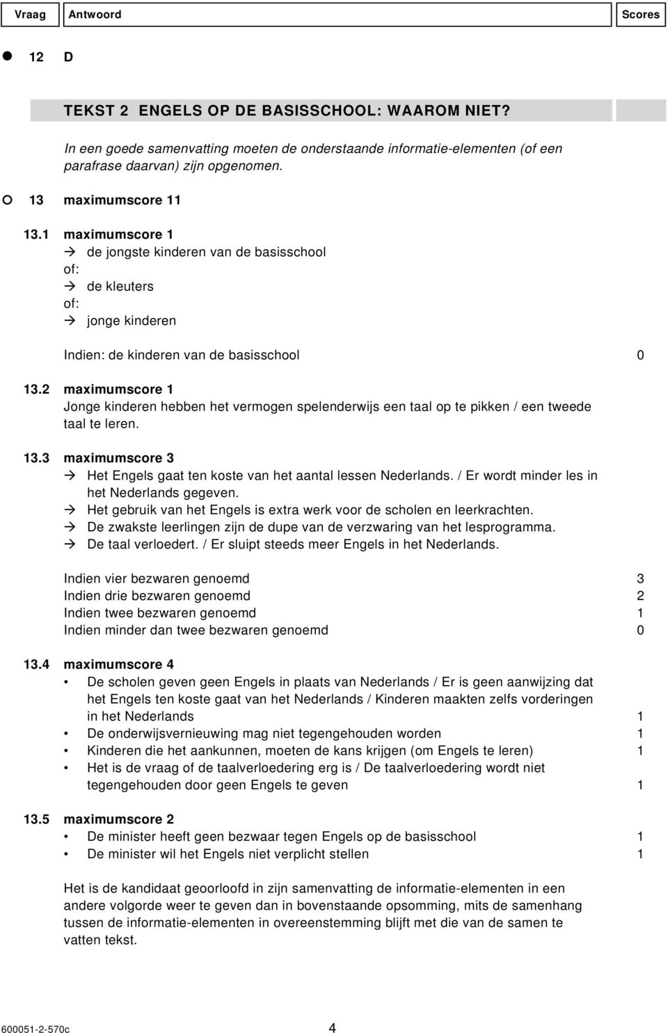 2 maximumscore 1 Jonge kinderen hebben het vermogen spelenderwijs een taal op te pikken / een tweede taal te leren. 13.3 maximumscore 3 Het Engels gaat ten koste van het aantal lessen Nederlands.