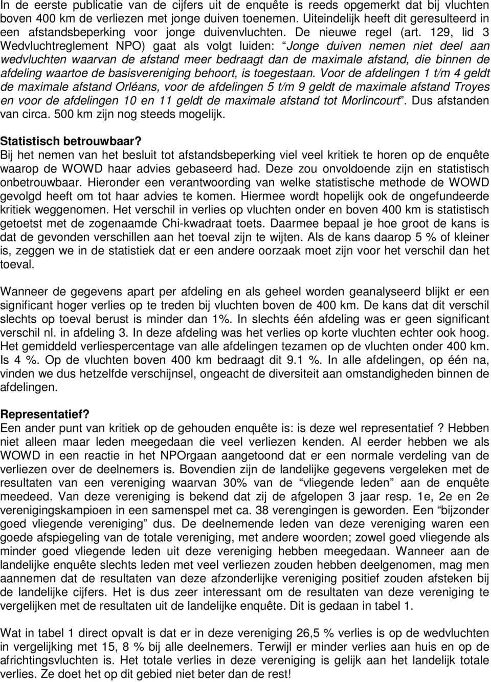 129, lid 3 Wedvluchtreglement NPO) gaat als volgt luiden: Jonge duiven nemen niet deel aan wedvluchten waarvan de afstand meer bedraagt dan de maximale afstand, die binnen de afdeling waartoe de