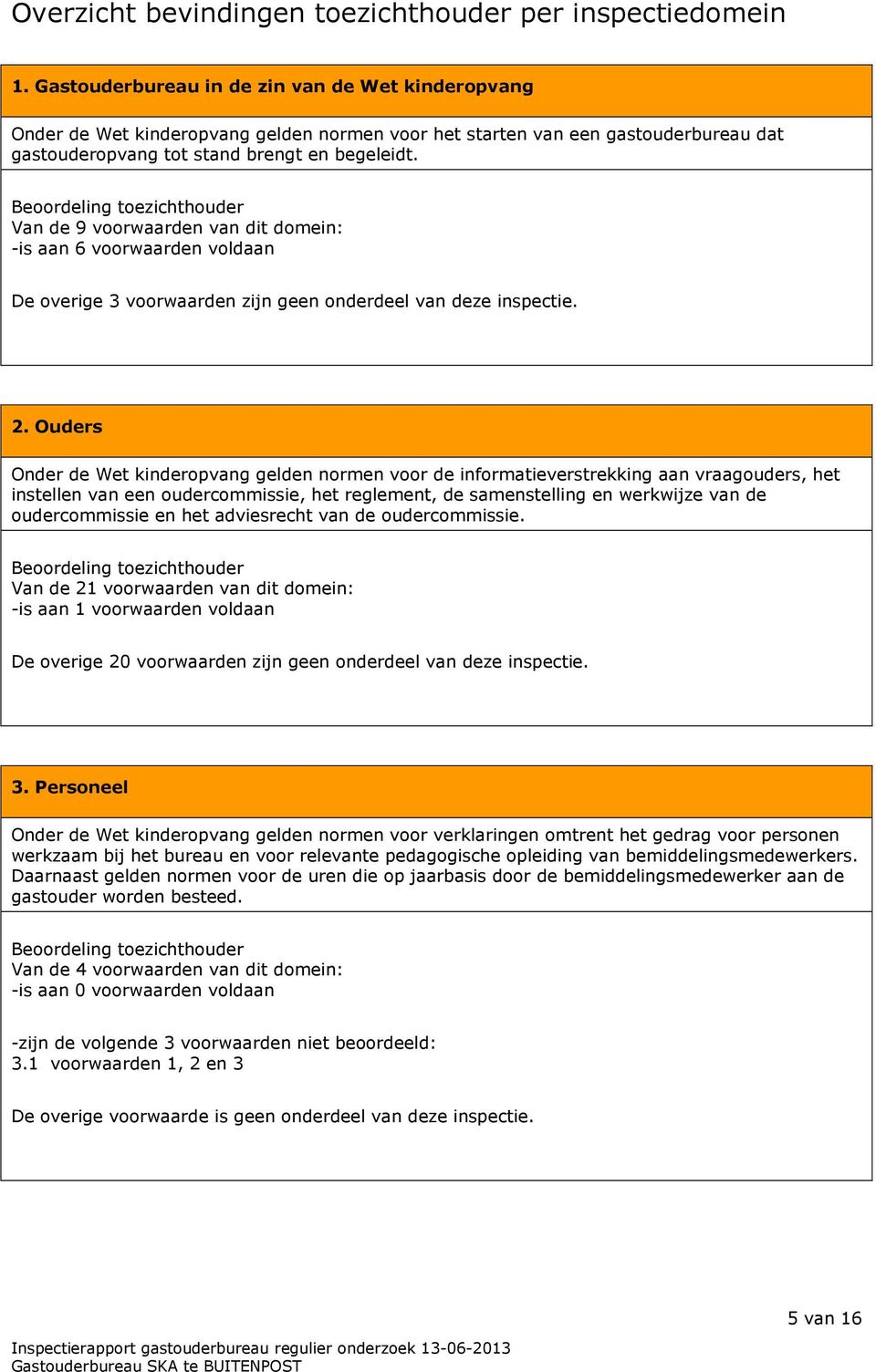 Beoordeling toezichthouder Van de 9 voorwaarden van dit domein: -is aan 6 voorwaarden voldaan De overige 3 voorwaarden zijn geen onderdeel van deze inspectie. 2.