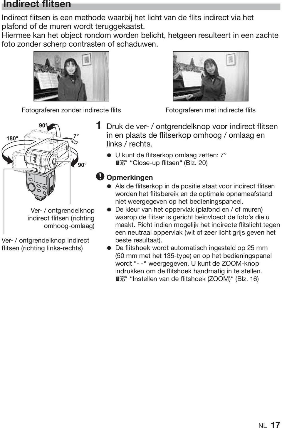 Fotograferen zonder indirecte flits Fotograferen met indirecte flits 90 180 7 90 Ver- / ontgrendelknop indirect flitsen (richting omhoog-omlaag) Ver- / ontgrendelknop indirect flitsen (richting