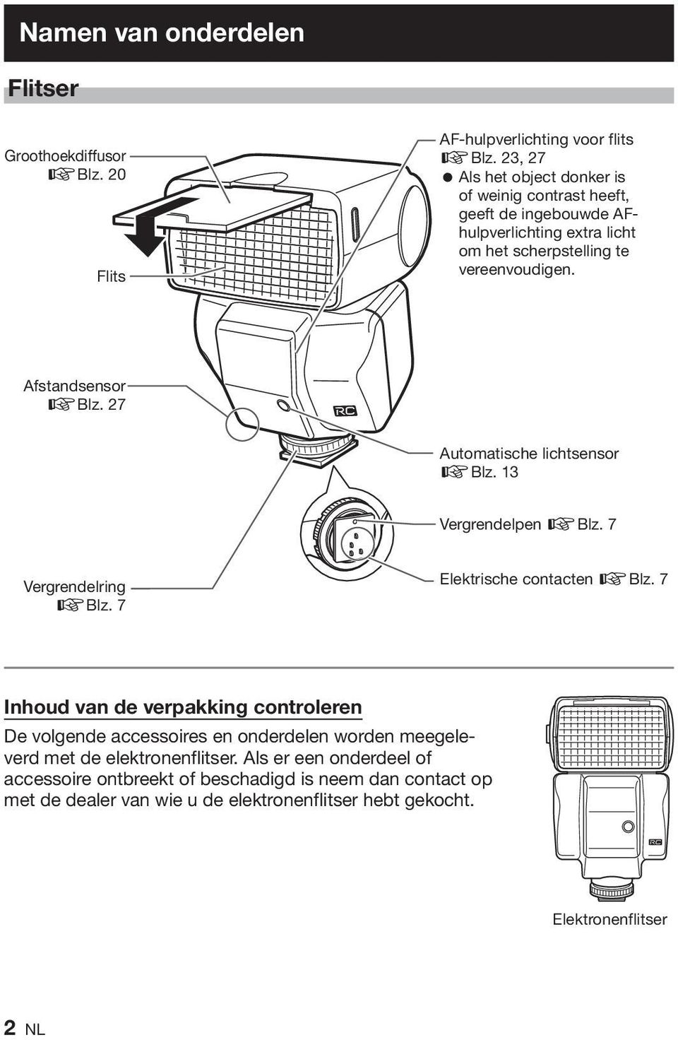 Afstandsensor gblz. 27 Automatische lichtsensor gblz. 13 Vergrendelpen gblz. 7 Vergrendelring gblz. 7 Elektrische contacten gblz.