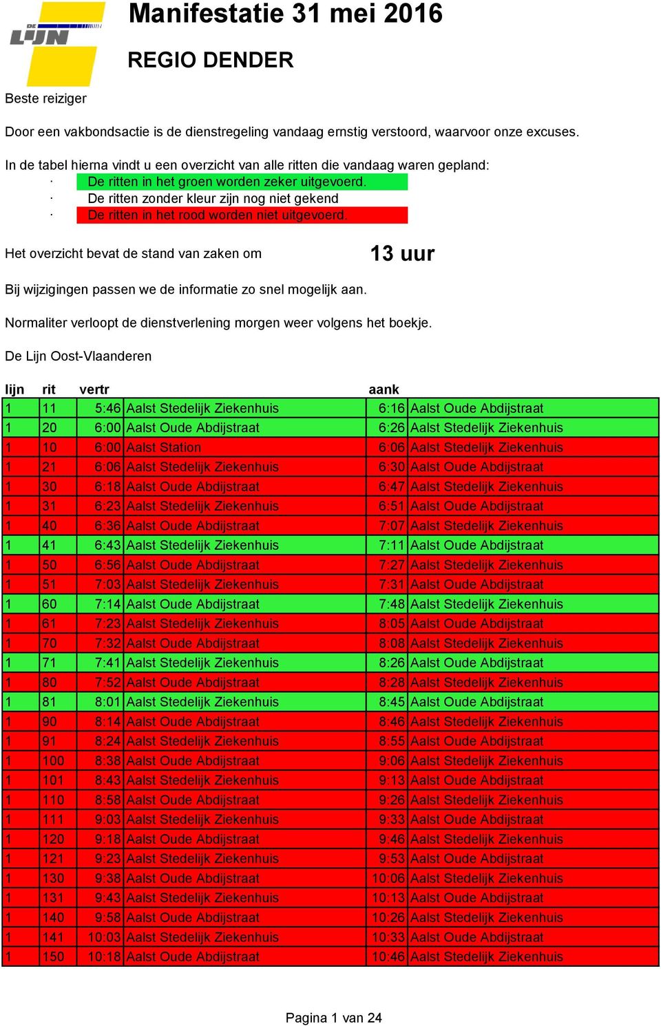 De ritten zonder kleur zijn nog niet gekend De ritten in het rood worden niet uitgevoerd. Het overzicht bevat de stand van zaken om 13 uur Bij wijzigingen passen we de informatie zo snel mogelijk aan.