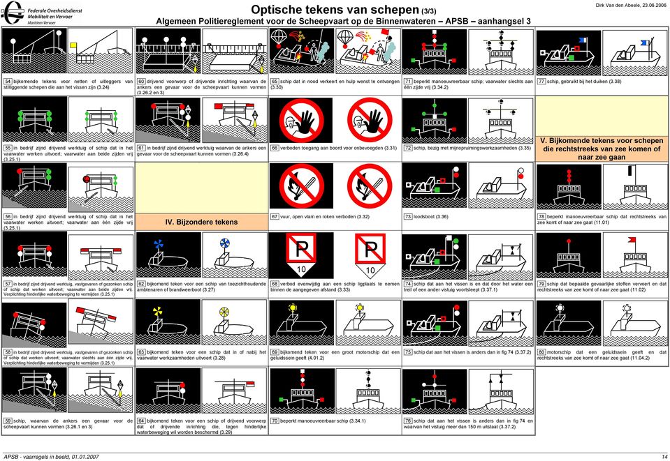 24) 60 drijvend voorwerp of drijvende inrichting waarvan de ankers een gevaar voor de scheepvaart kunnen vormen (3.26.2 en 3) 65 schip dat in nood verkeert en hulp wenst te ontvangen (3.