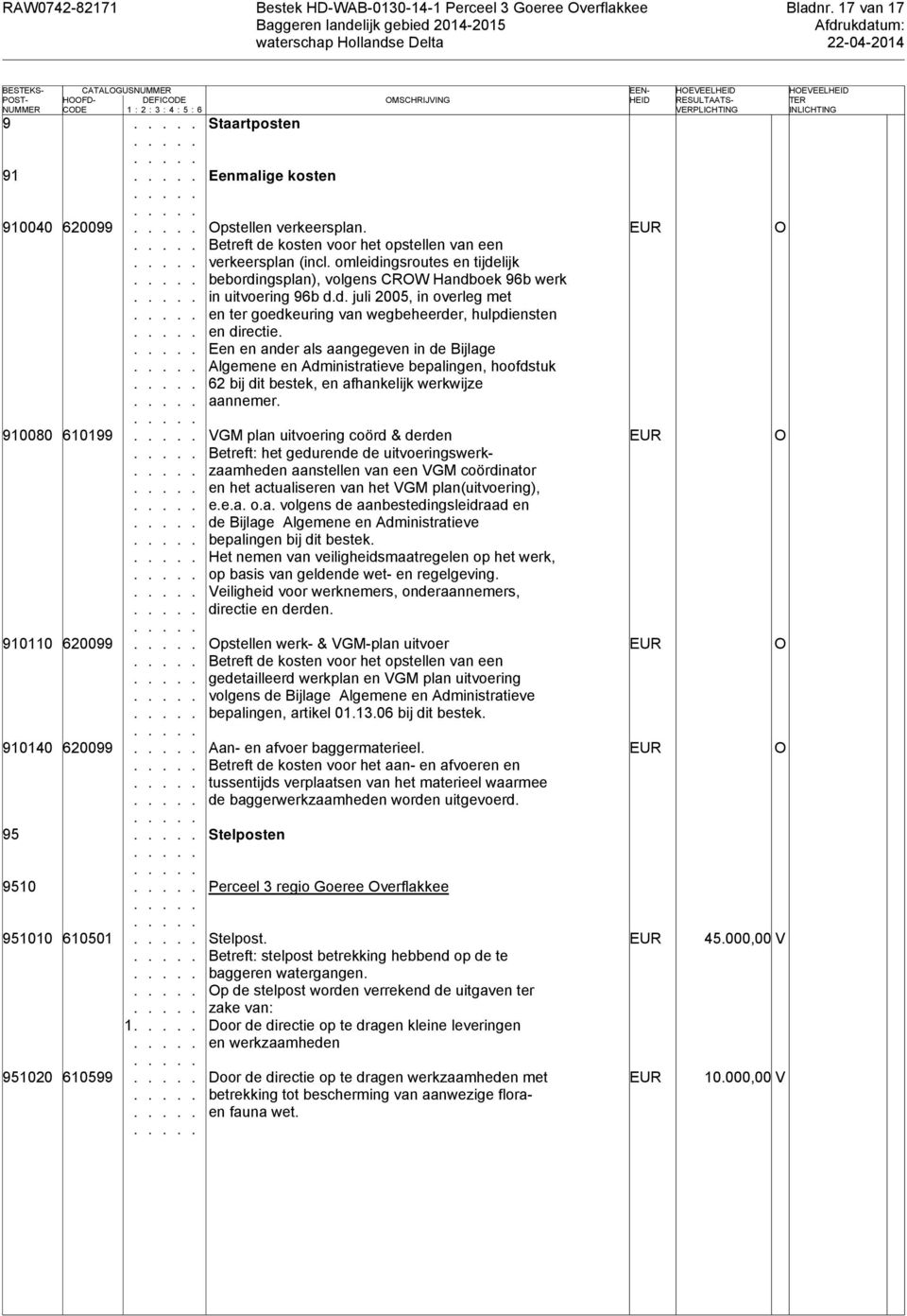 Een en ander als aangegeven in de Bijlage Algemene en Administratieve bepalingen, hoofdstuk 62 bij dit bestek, en afhankelijk werkwijze aannemer.