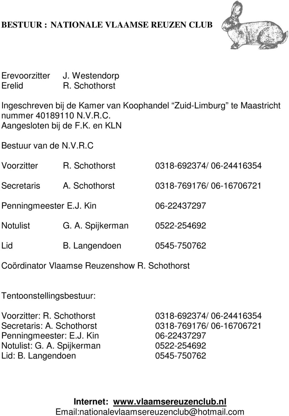Langendoen 0545-750762 Coördinator Vlaamse Reuzenshow R. Schothorst Tentoonstellingsbestuur: Voorzitter: R. Schothorst 0318-692374/ 06-24416354 Secretaris: A.