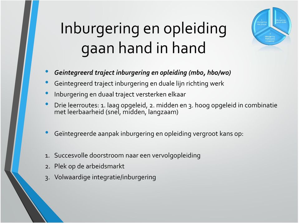 midden en hoog opgeleid in combinatie met leerbaarheid (snel, midden, langzaam) Geïntegreerde aanpak inburgering en