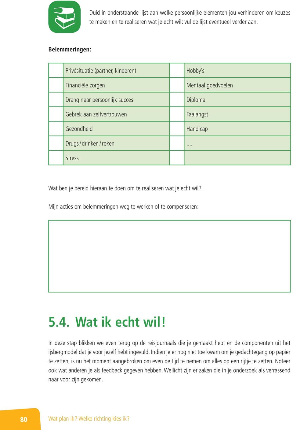 drinken / roken... Stress Wat ben je bereid hieraan te doen om te realiseren wat je echt wil? Mijn acties om belemmeringen weg te werken of te compenseren : 5.4. Wat ik echt wil!