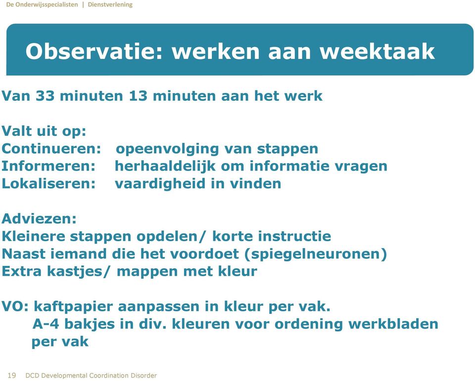 opdelen/ korte instructie Naast iemand die het voordoet (spiegelneuronen) Extra kastjes/ mappen met kleur VO: kaftpapier