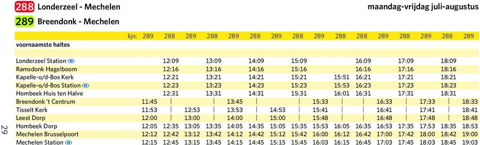 15:53 16:23 17:23 18:23 Hombeek Huis ten Halve 12:31 13:31 14:31 15:31 16:01 16:31 17:31 18:31 Breendonk 't Centrum 11:45 13:45 15:33 16:33 17:33 18:33 Tisselt Kerk 11:53 12:53 13:53 14:53 15:41