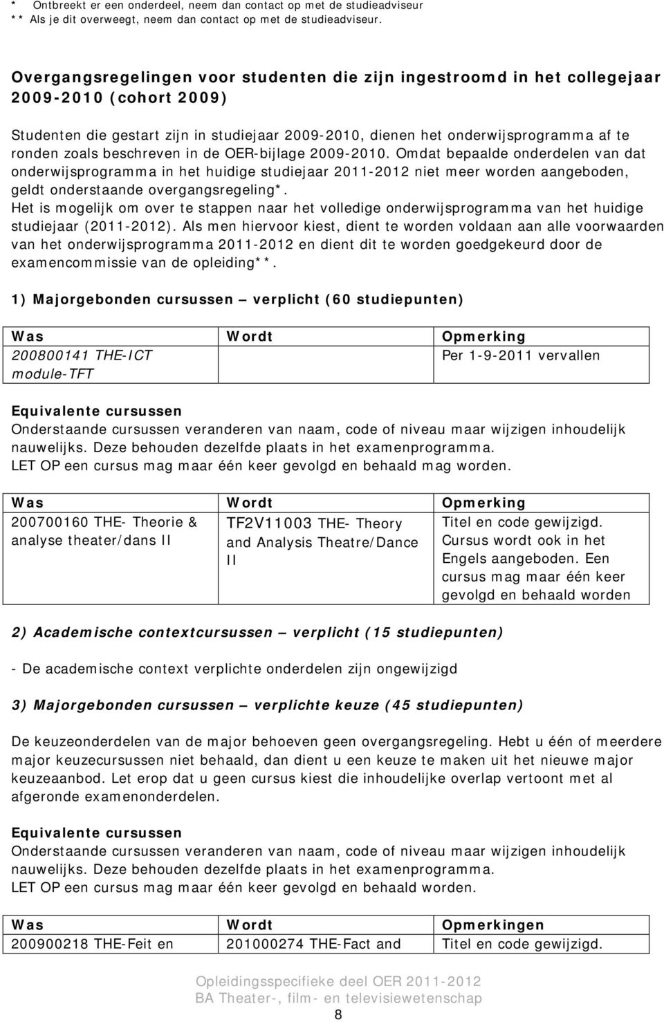 beschreven in de OER-bijlage 2009-2010. Omdat bepaalde onderdelen van dat onderwijsprogramma in het huidige studiejaar 2011-2012 niet meer worden aangeboden, geldt onderstaande overgangsregeling*.