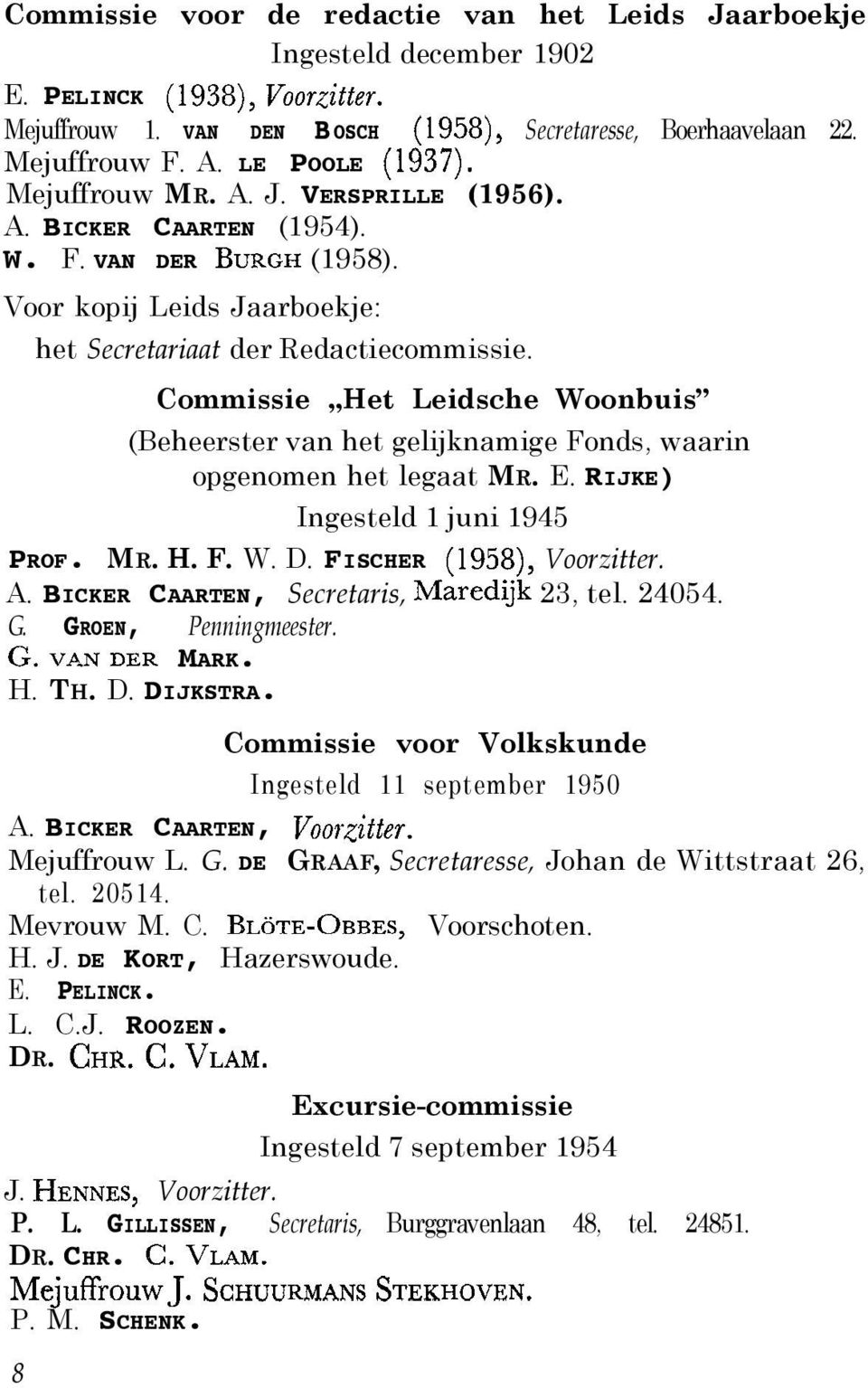 Commissie,,Het Leidsche Woonbuis (Beheerster van het gelijknamige Fonds, waarin opgenomen het legaat MR. E. RIJKE) Ingesteld 1 juni 1945 PROF. MR. H. F. W. D. FISCHER (1958), Voorzitter. A.