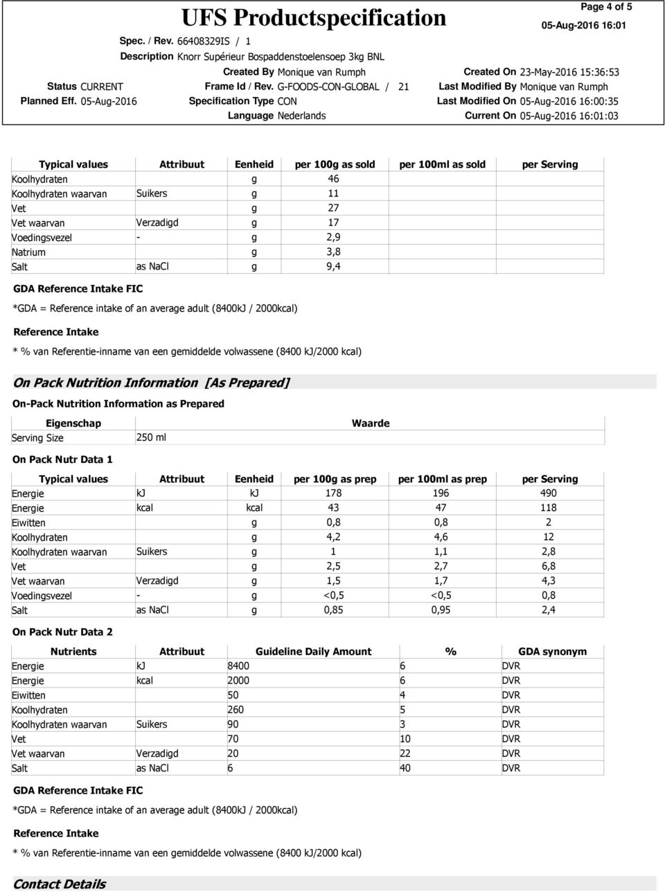 (8400 kj/2000 kcal) On Pack Nutrition Information [As Prepared] On-Pack Nutrition Information as Prepared Serving Size On Pack Nutr Data 1 250 ml Waarde Typical values Attribuut Eenheid per 100g as