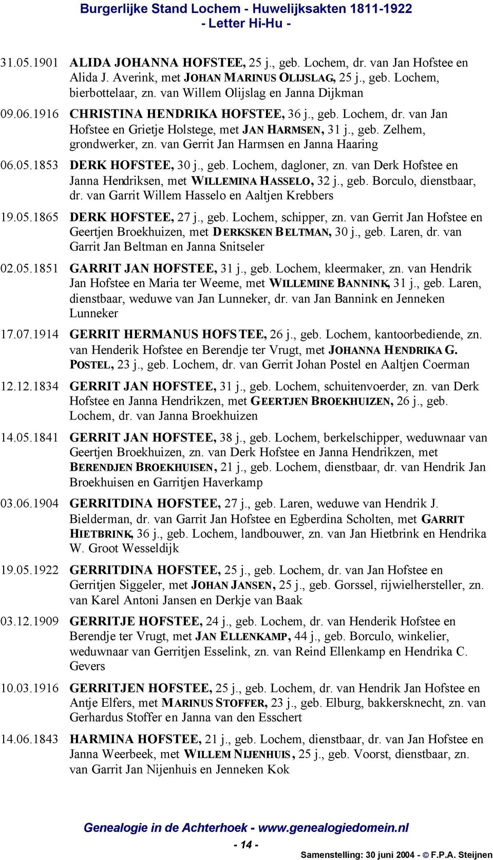 van Gerrit Jan Harmsen en Janna Haaring 06.05.1853 DERK HOFSTEE, 30 j., geb. Lochem, dagloner, zn. van Derk Hofstee en Janna Hendriksen, met WILLEMINA HASSELO, 32 j., geb. Borculo, dienstbaar, dr.