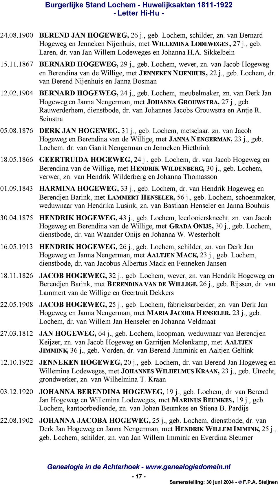 1904 BERNARD HOGEWEG, 24 j., geb. Lochem, meubelmaker, zn. van Derk Jan Hogeweg en Janna Nengerman, met JOHANNA GROUWSTRA, 27 j., geb. Rauwerderhem, dienstbode, dr.