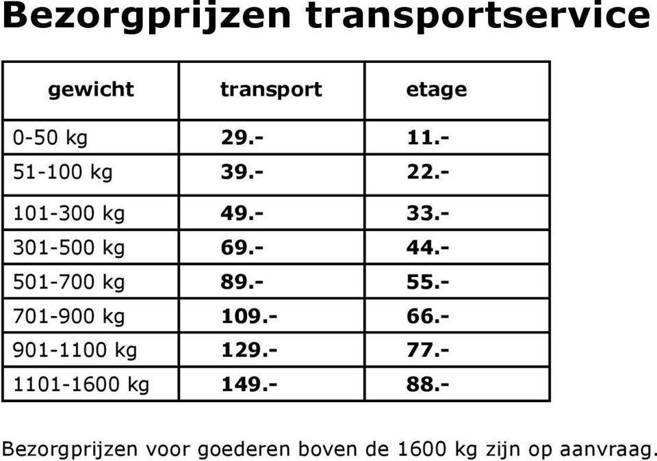 - 501-700 kg 89.- 55.- 701-900 kg 109.- 66.- 901-1100 kg 129.- 77.