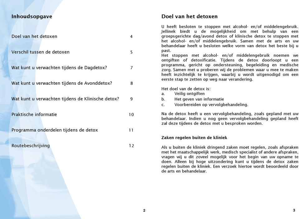 9 Praktische informatie 10 Programma onderdelen tijdens de detox 11 Routebeschrijving 12 Doel van het detoxen U heeft besloten te stoppen met alcohol- en/of middelengebruik.